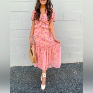 LoveShackFancy  whimsy, romantic Pink Floral Midi Dress with Ruffle Tie